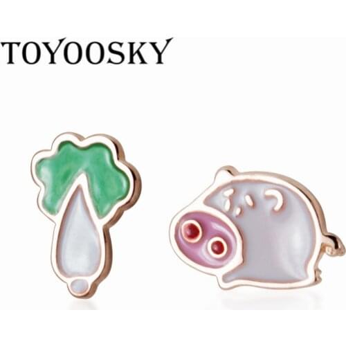 925 Sterling Silver Enamel Pig Cabbage Asymmetry Stud Earrings For Kids Students Girls Contracted Personality Jewelry