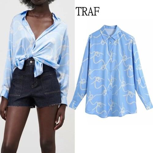 TRAF Za 2021 Blouses Womens Shirt Blue Satin Print Button Up Shirt Vintage Top Long Sleeves Loose Street Summer Women Clothing
