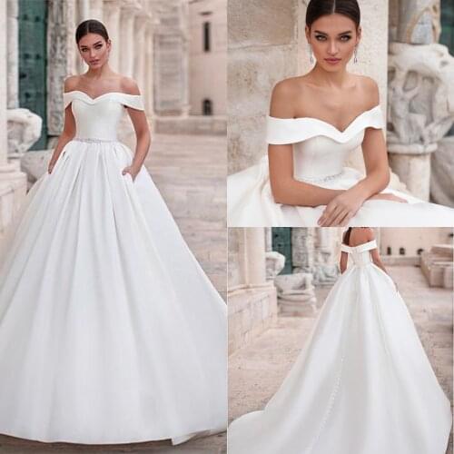 Elegant Off the Shoulder A-Line Satin Wedding Dresses Beaded Waistline Lace up Back Bridal Dress Court Train