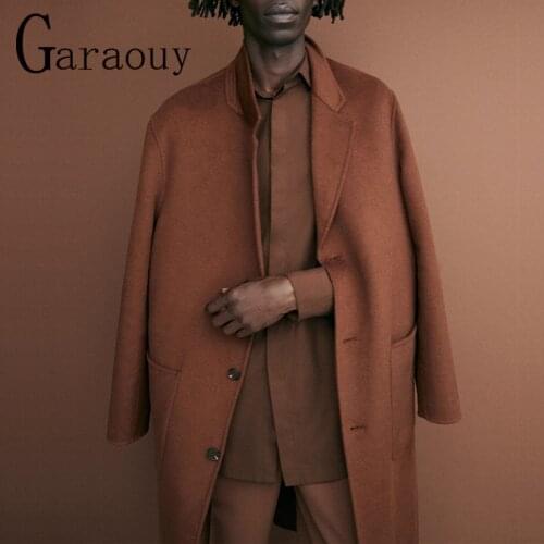 Garaouy 2021 New Men Autumn Winter Fashion Double-sided Wool Coat Solid Color Casual Mens Long Woolen Trench Coat Woolen Long