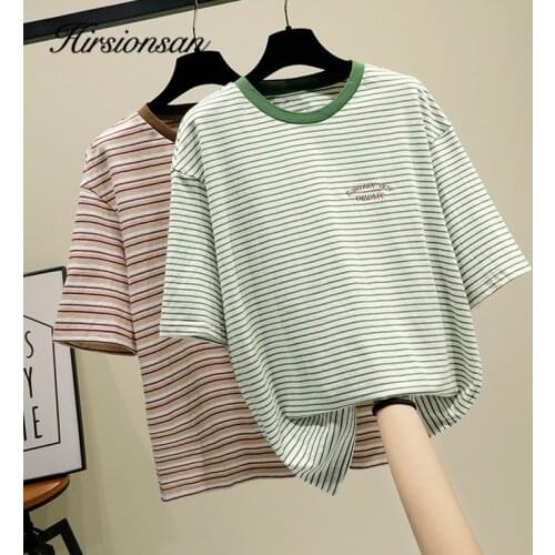 Hirsionsan Letter Embroidery Striped T Shirt Women 2020 Korean Aesthetic Summer Cotton Tshirt Chic Soft Tee Casual Female Tops