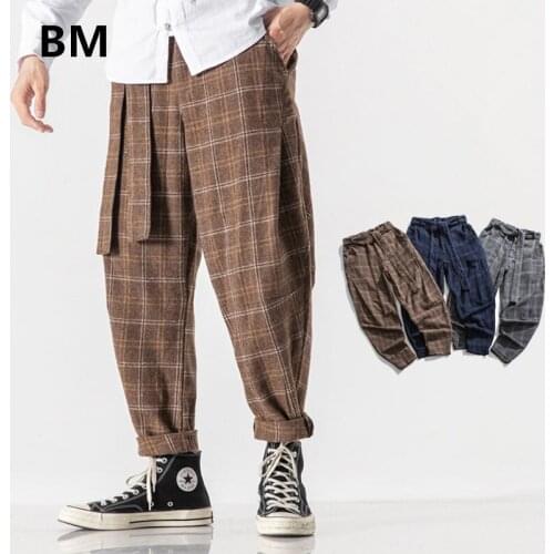 Chinese Style Fashion Belt Plaid Casual Pants 2020 Loose Plus Size Baggy Straight Trousers Men Clothing Streetwear Male