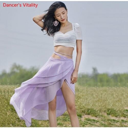 Belly Dance Set Mesh Top Short Sleeves Chiffon Split Skirt Practice Clothes Suit Female Adult Elegant Performance Clothing