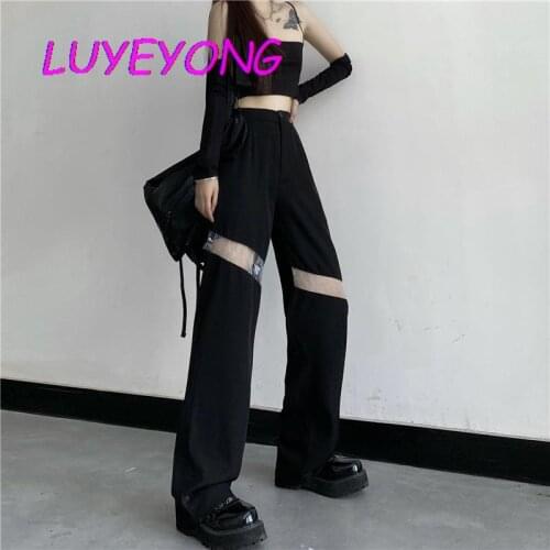 Lace Hollow Out Fashion Lady High Waist Harajuku Wide Leg Pant Black Gothic Cool Women Long Pants Street Casual Button Trousers