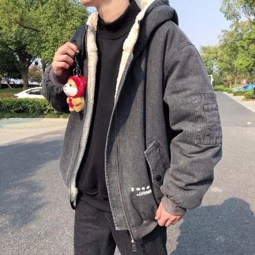 Lamb wool cotton jacket mens Plush thickened denim cotton jacket autumn and Winter Jacket Boys' cotton jacket warm jacket