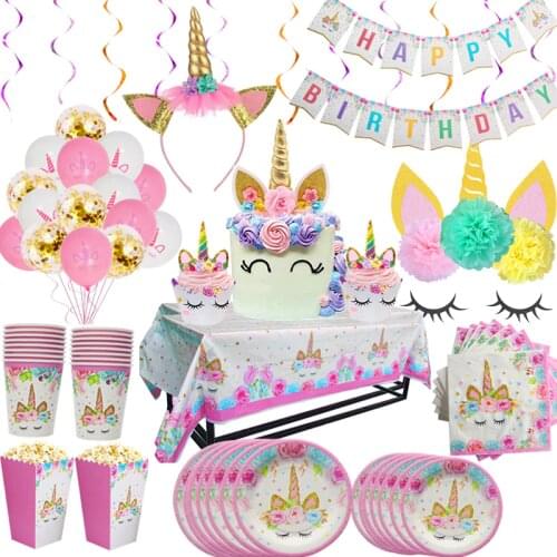 16 guests Rainbow Unicorn Birthday Supplies Set Kids Unicorn Disposable Plate/Cup/Tablecloth/Banner Baby Shower Wedding Decor