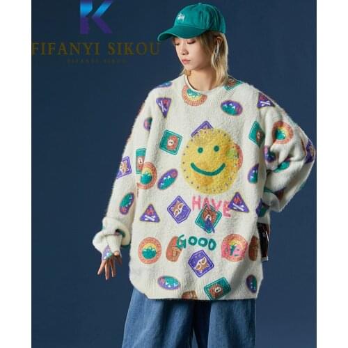 Cartoon Print Knitted Sweater Women Streetwear Fashion Autumn Winter Warm Pullovers Female Loose Plus Size Sweaters Jumpers