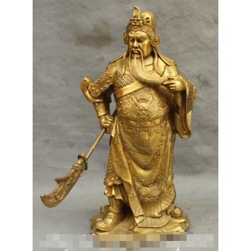 S03942 15" Chinese Pure Brozne Dragon Warrior GuanGong GuanYu God Sword General Statue B0403
