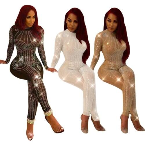 Sexy Bodycon Jumpsuit Women Casual Round Neck Sequins See Through Mesh Diamond Party Club Long Sleeve Rompers Outfit