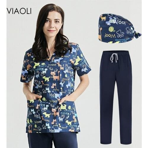 Lab Work Wear Spa Uniforms Pet Shop Work Uniforms Breathable Beautician Work Shirts Tooth Printing Health Service Scrub Uniform