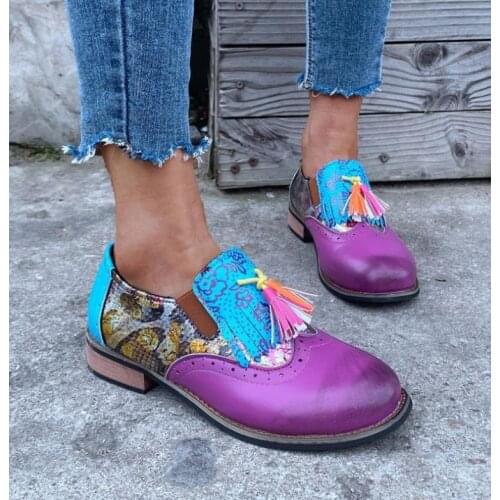 Mixed Color Spring Shoes New Womens Flat Shoes Printed Vintage Round Toe Tassel Lace Up Ladies Fashion Retro Female Footwear