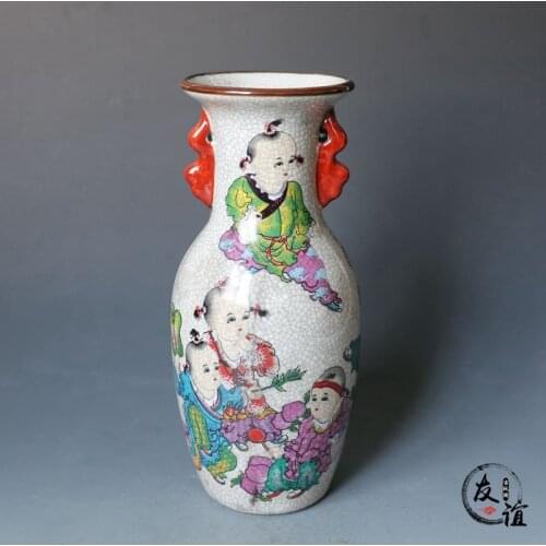 Jingdezhen antique porcelain pastel crack baby play picture double ear vase antique shelf decoration