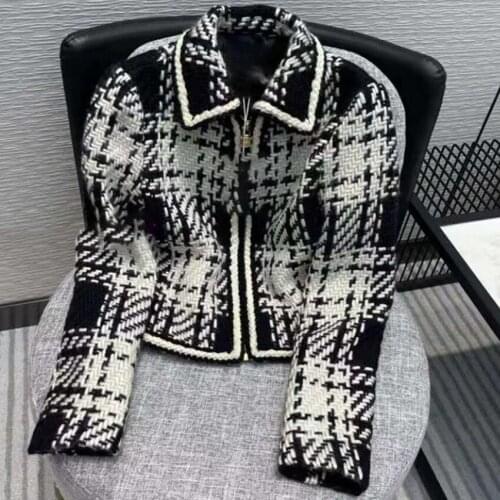 Black and white plaid short woolen jacket women peter pan collar small fragrance jacket winter outwear