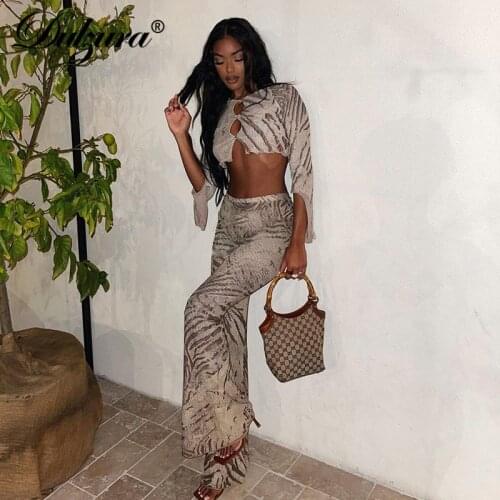 Dulzura Tie Dye Print Women 2 Pieces Long Sleeve Hollow Out Crop Top Flare Pants Set Streetwear Fashion 2021 Autumn Winter Y2K