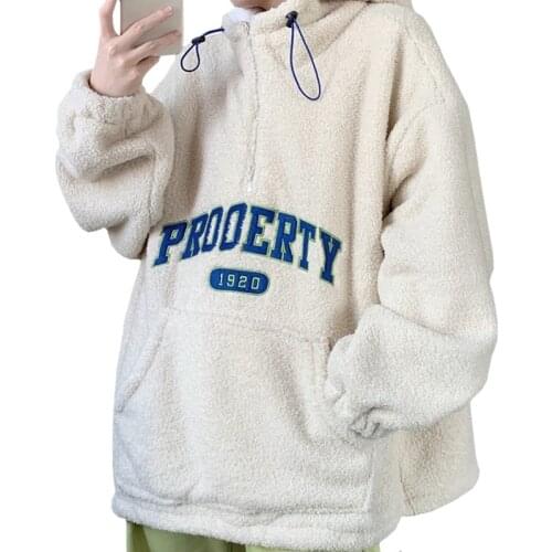 Lamb Wool Long Sleeves Winter Women Clothes Korean Harajuku Hoodie Embroidered Letters Property Femme Sweatshirt Crop Top Hoody