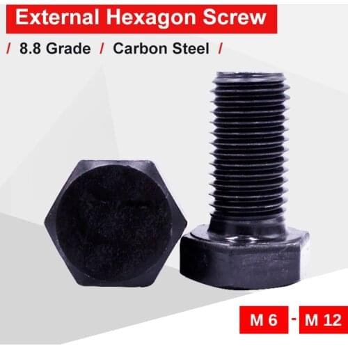 1-6 PCS External Hexagonal Bolt M6 M8 M10 M12 Full Thread Half Thread Screw Blackening Carbon Steel Grade 8.8 For Machinery