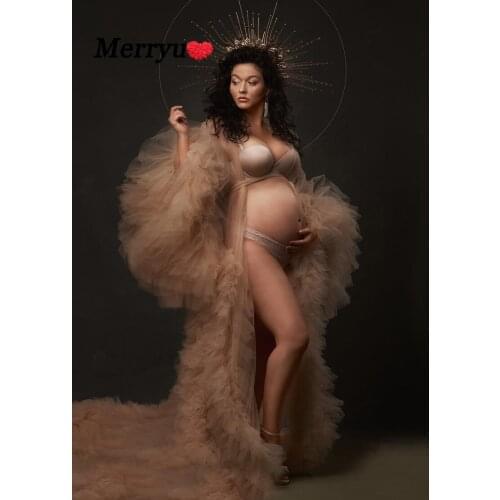 2020 Maternity Dresses Ruffled Baby Shower Gown Long Tulle Robe Dress Photography Party Gown Prom Evening Dress