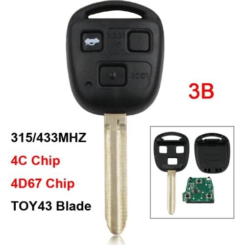 3 Button Remote Key Smart Car Key Keyless Entry 315/433MHZ For Toyota Camry Prado Corolla With 4C/4D67 Chip TOY43 Uncut Blade