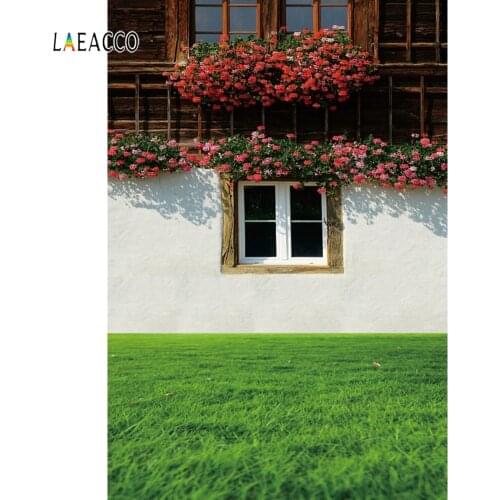 Laeacco Grassland White Wall House Windows Flowers Photography Backgrounds Custom Photographic Backdrops Props For Photo Studio
