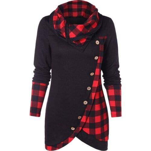 T-shirt Women Autumn Casual Long Sleeve Irregular Hem Plaid Button Turtleneck Tartan Tunic Sweatshirt Pullover Tops #45