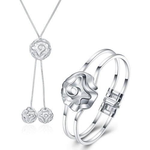 Hot classic high quality 925 sterling Silver rose flower necklaces cuff bangles for Women Jewelry set fashion Party wedding gift