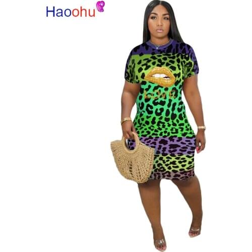 HAOOHU Women Leopard Lips Print Short Sleeve Bodycon Midi Dress Knee Length Sexy Party Club Bandage Dresses Pencil Vestidos