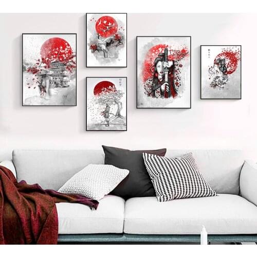 Ink Black and Red Samurai Kimono Woman Landscape Poster Minimalist Wall Painting Art Canvas Prints Picture for Living Room Decor