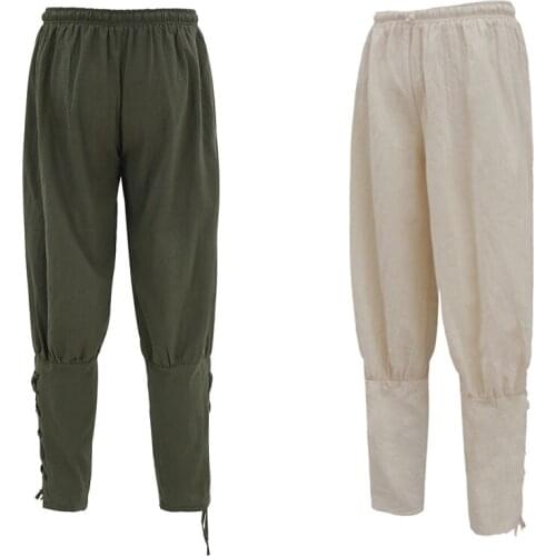 Black Men Plus Size Medieval Renaissance Pirate Horseman Costume Mens Viking Pants Ankle Banded Lace-up Trouser Linen Outfit