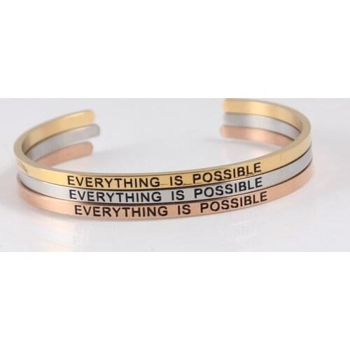 EVERYTHING IS POSSIBLE 3.2mm Fashion Stainless Steel Positive Quotes Energy Cuff Bangles Bracelets Message Jewelry Gifts