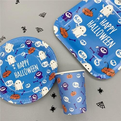 Happy Halloween Disposable Tableware Blue Color Paper Plates Cups Napkin Halloween Party Supplies