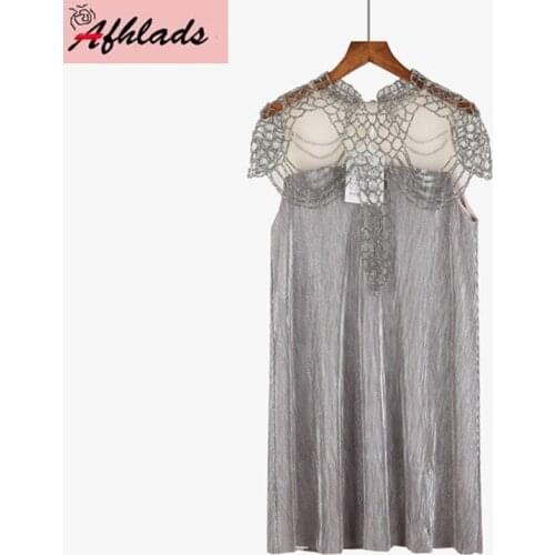 Beaded Pleated Dress Female Summer New High Waist Round Neck Fashion Luxury High Quality Vintage Party Mini Vestidos Dress