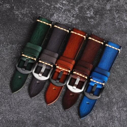 Hand-Rubbed Leather Watchband 20 22 24MM First Layer Calfskin Strap Suitable For Mens Retro Style