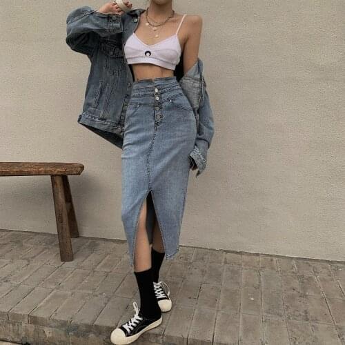Retro Split Denim Skirt Women High Waist Elastic Package Hip Slim A-line Mid Length Skirts Skirts Womens 2021
