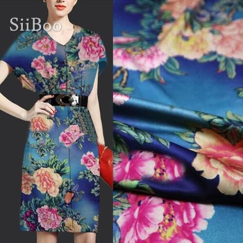 Luxury flower print fake silk satin fabric apparel for dress blue stretch faux silk tissue cloth tela tecido stoffen SP5345