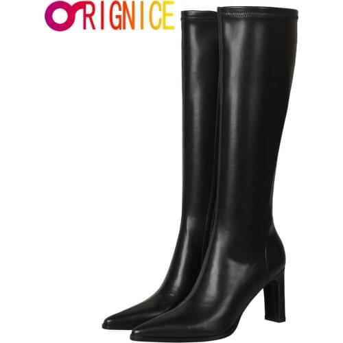 Orignice Classic Style Pointed Toe Riding Knee High Boots Autumn Women Block High Heel PU Leather Zipper Black White Dress Shoes