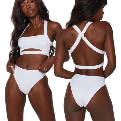 Women’s Sexy Two Piece Bikini Suits Fashion Solid Color Hollow Suspender Tops and High Waist Thong For Vacation Beachwear