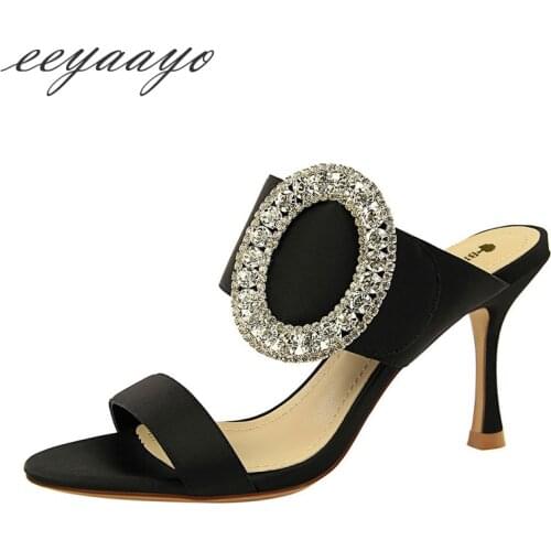 2019 New Summer Women Mules Slippers High Thin Heel Pointed Toe Slip-On Sexy Fashion Crystal Women Shoes Black Outside Slippers