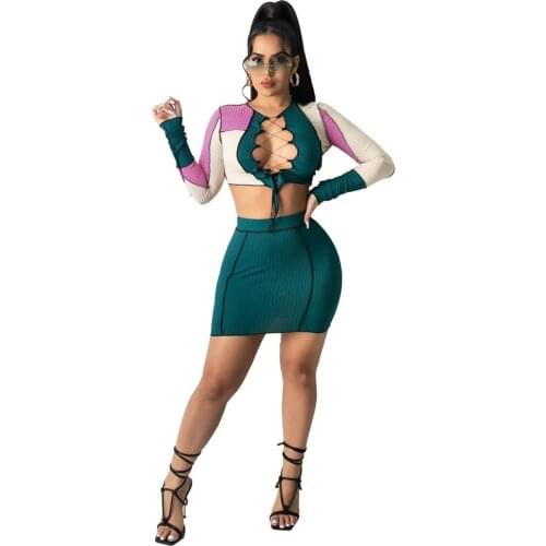 Women Summer Suit Skirt Fashion Ultra Short Stitching O Neck Laceup Sexy Belly Button Tops Tight-fitting Hip Two-piece Suit 2021