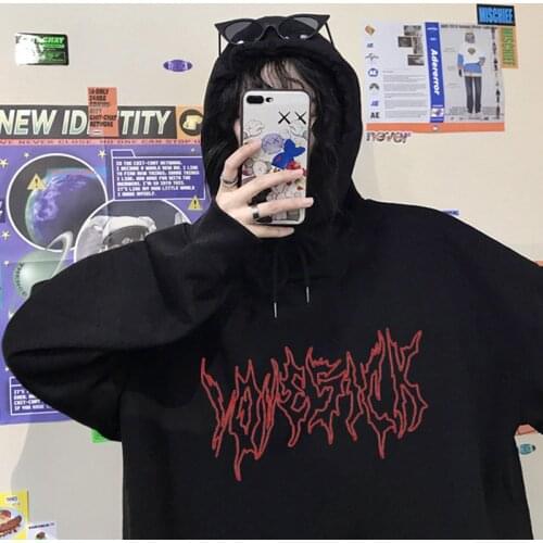 Winter Vintage ins gothic fashion fun letter print punk women big size loose long sleeve plus size hip-hop hooded sweatshirt