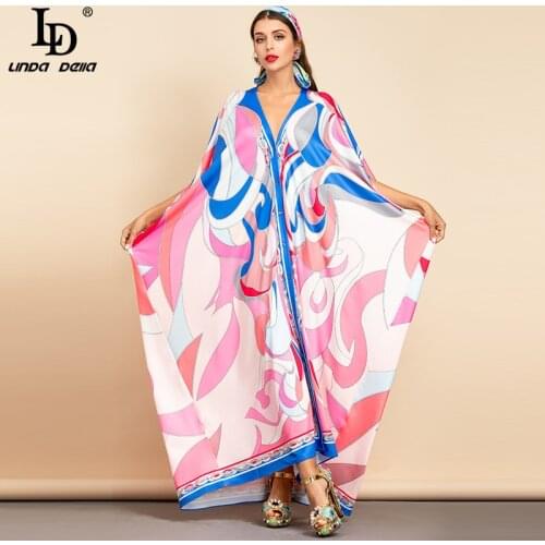LD LINDA DELLA Summer Kuwait Designer Floor Long Dress Plus size Women V Neck Silk Cotton elastic Printed Boho Loose Dress robe