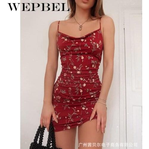 WEPBEL Elegant Skinny Stretch Mini Ruched Dress Women Sexy Straps Slim Fit Print Bodycon Party Dress Summer Dress