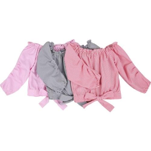 2020 Autumn 7-12Y Kids Baby Girls Slash Neck Striped Front Bow Blouse Top Long Sleeve Off Shoulder Outfit Clothes