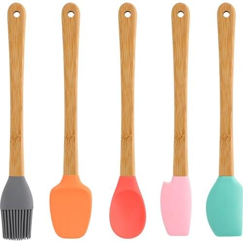5 Pcs Mini Spatula Spoon Brush Sets, Non-stick Silicone Cookware with Wooden Handle, Colorful Baking Kitchen Spatula BBQ Tools