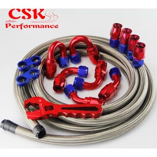 AN12 Stainless Steel/ Nylon Braided Oil Line / Hose +Fitting Hose End Adaptor w/ Wrench Tools Spanner Kit Silver/Black