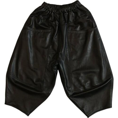 Real leather pants women 2021 spring and autumn newelastic waist slim 7-cent pants fashion Korean version of sheep leather Harl