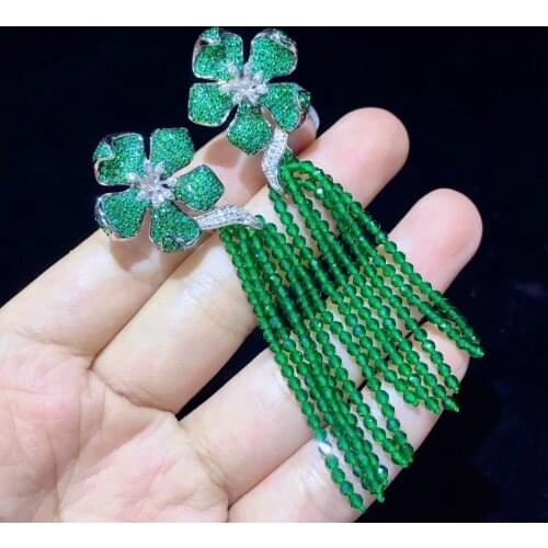 Long tassels earring green agate 925 sterling silver flower drop earring party fine women jewelry free shipping