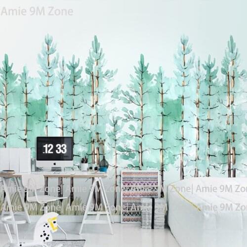 Tuya Art watercolor pale green trees mural wallpaper for living room office wall decor free shipping discount