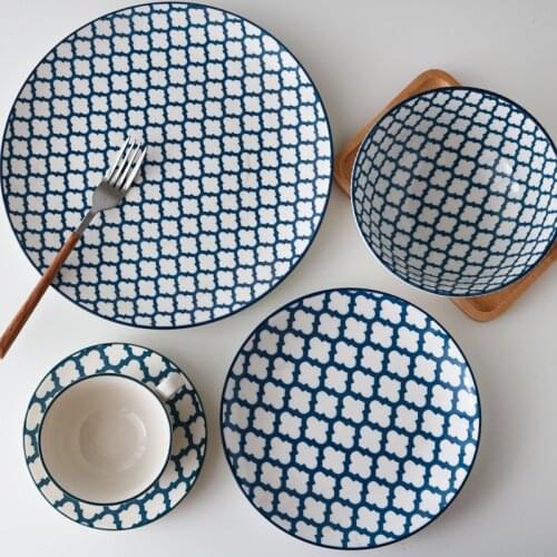 Ceramic Underglaze Color Blue Four-Leaf Clover Tableware /10 Inch Plate/Dessert Plate