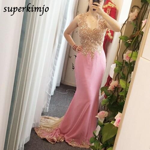 Lace prom dresses real picture mermaid pink 2020 sweetheart neckline court train appliques chiffon beaded evening dresses