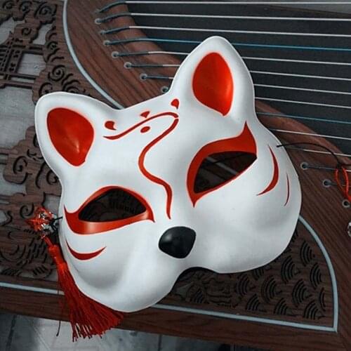 Japanese Half Face Fox Mask Hand-painted Kitsune With Tassels and Bells Anime Halloween Cosplay Gift Masquerades Festival Party